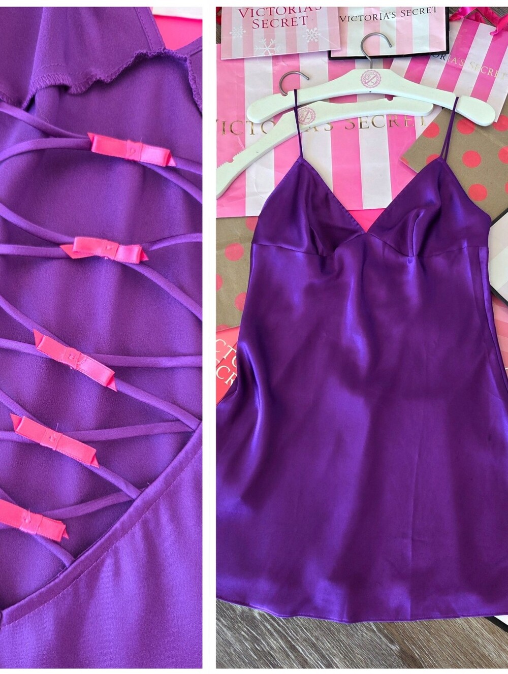 Victoria's Secret VTG Babydoll Purple Satin Slip Dress Pink Bow Lace Up Dainty